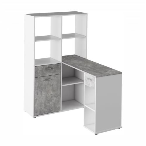 Kondela 255563 Rohový PC stůl s regálem bílá, šedá MINESON dřevotříska 90 x 124 x 145 cm