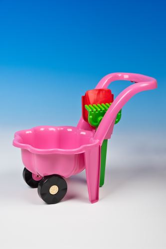 KIK KX3798 Dětský plastový růžový trakař s hráběmi a lopatou