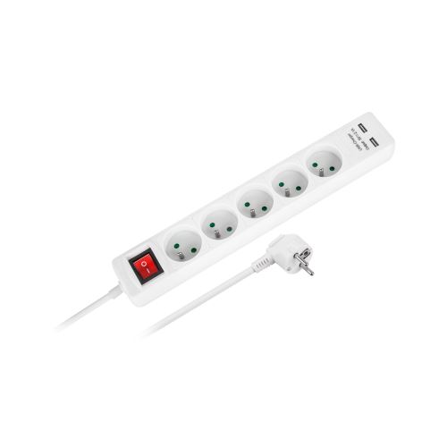 Rebel prodlužovací kabel 5 zásuvek + 2 USB zásuvky, s vypínačem - 3m, bílý URZ3203-3