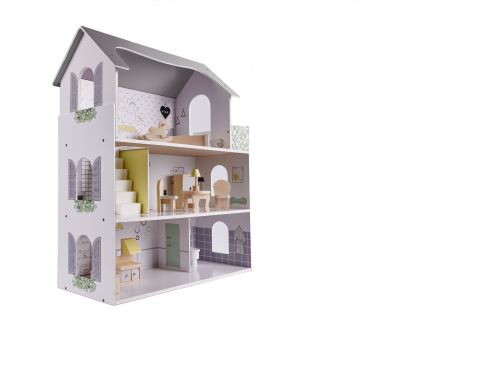 KIK KX6278 Dřevěný domeček pro panenky + nábytek 70 cm šedý
